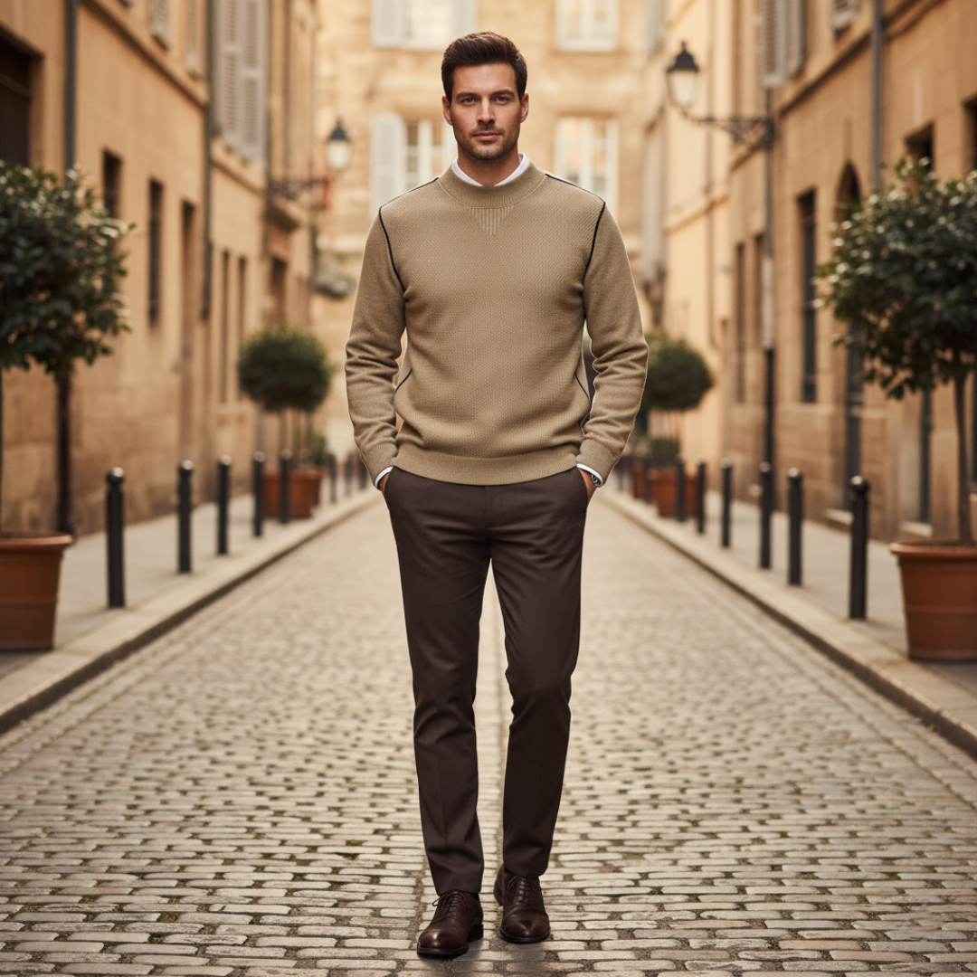 Men's cream crew neck sweater regular fit premium knit with contrasting shoulder seams smart casual
