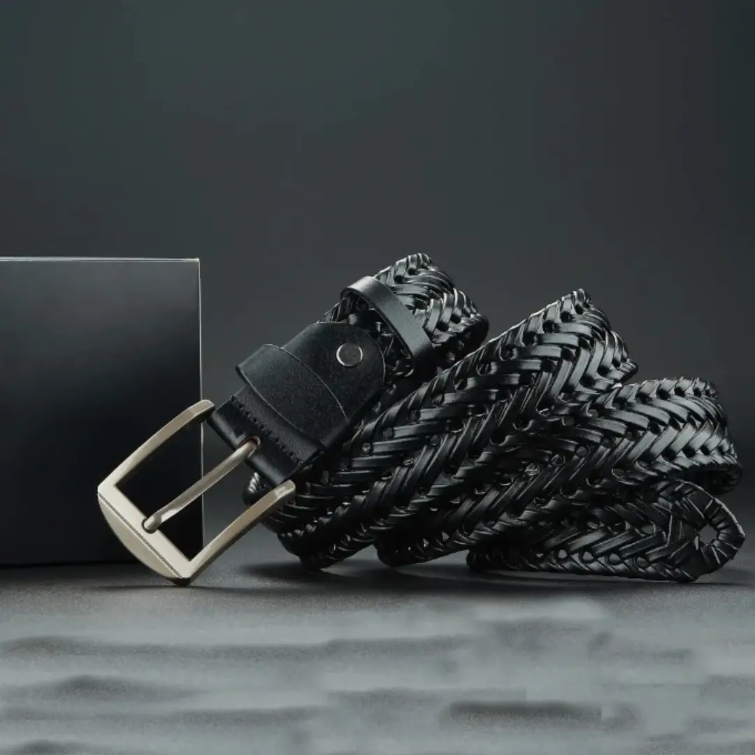 Brown braided cowhide leather unisex belt with polished buckle, artisan-crafted for everyday wear