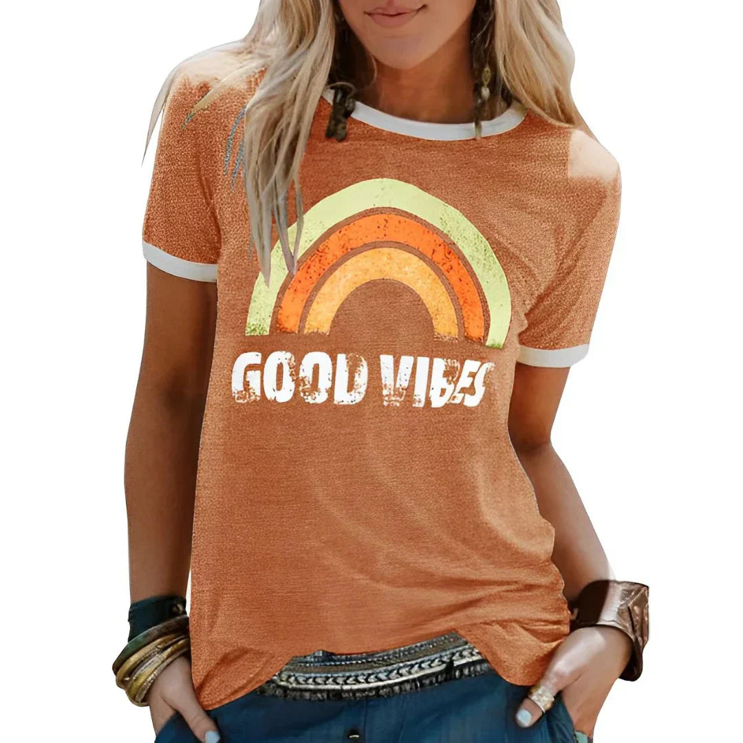 Unisex casual white graphic tee with positive vibes print, relaxed fit, soft fabric for all-day comfort