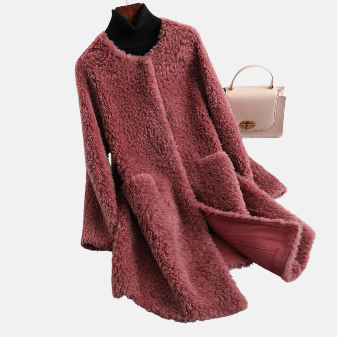 Women's luxurious faux fur open-front coat mid-thigh length relaxed silhouette winter outerwear