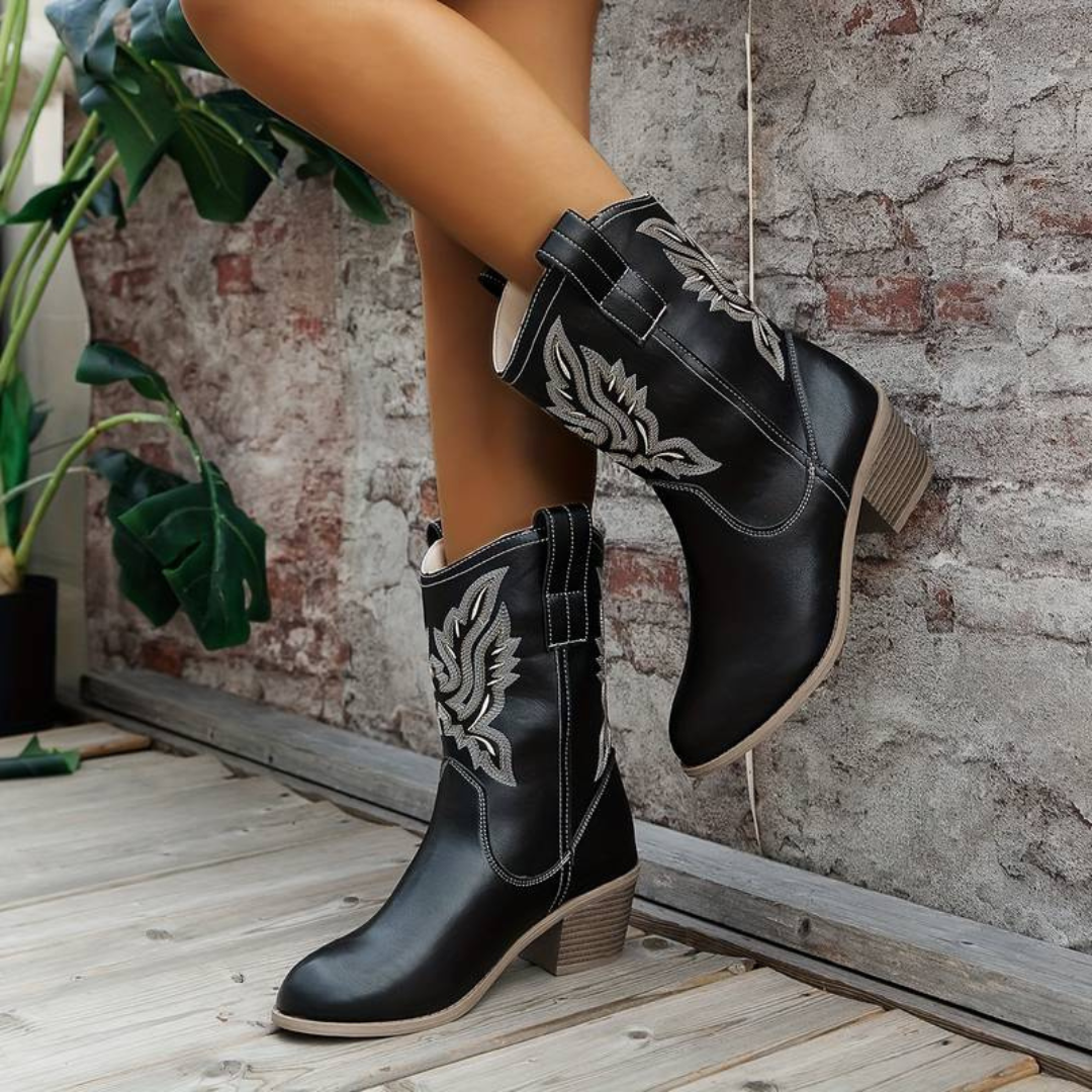 Women's brown faux suede cowboy boots vintage western style with decorative embroidery contoured shaft