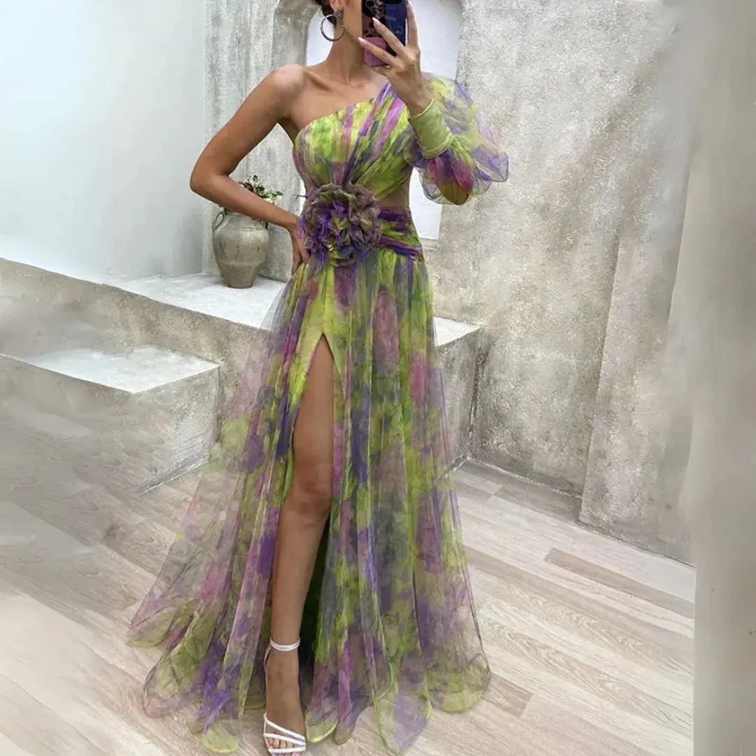 Isadora one-shoulder maxi dress watercolour tulle overlay dramatic thigh-high slit couture gown