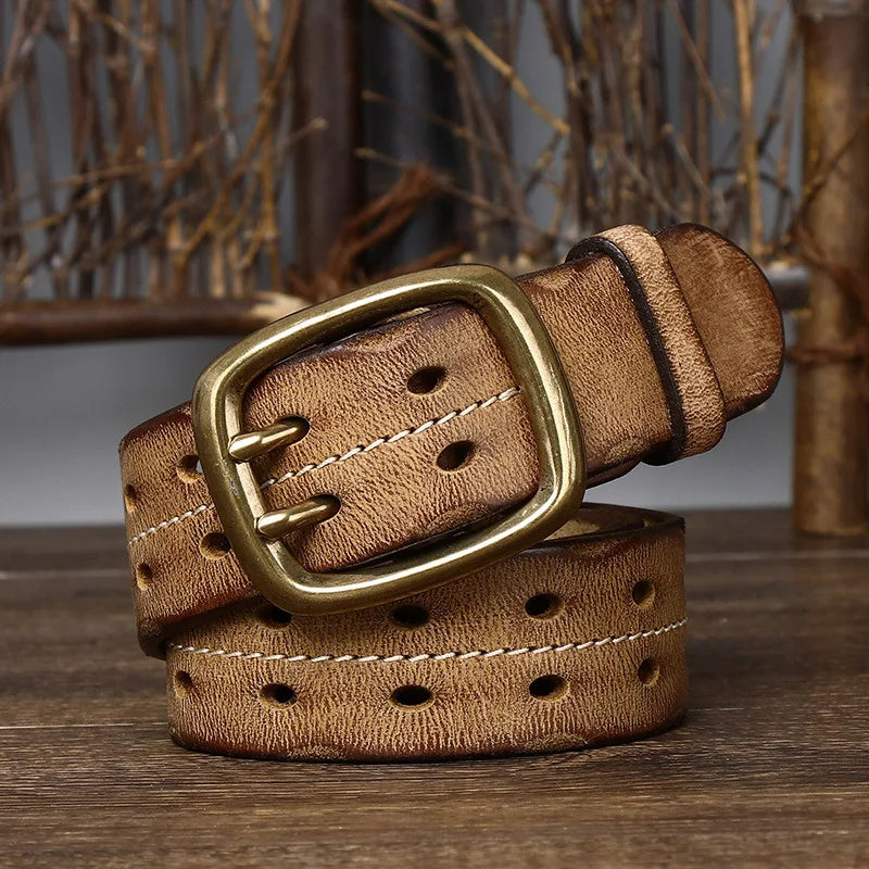 Men's full-grain leather belt in tan vintage style with solid brass buckle, handcrafted premium quality