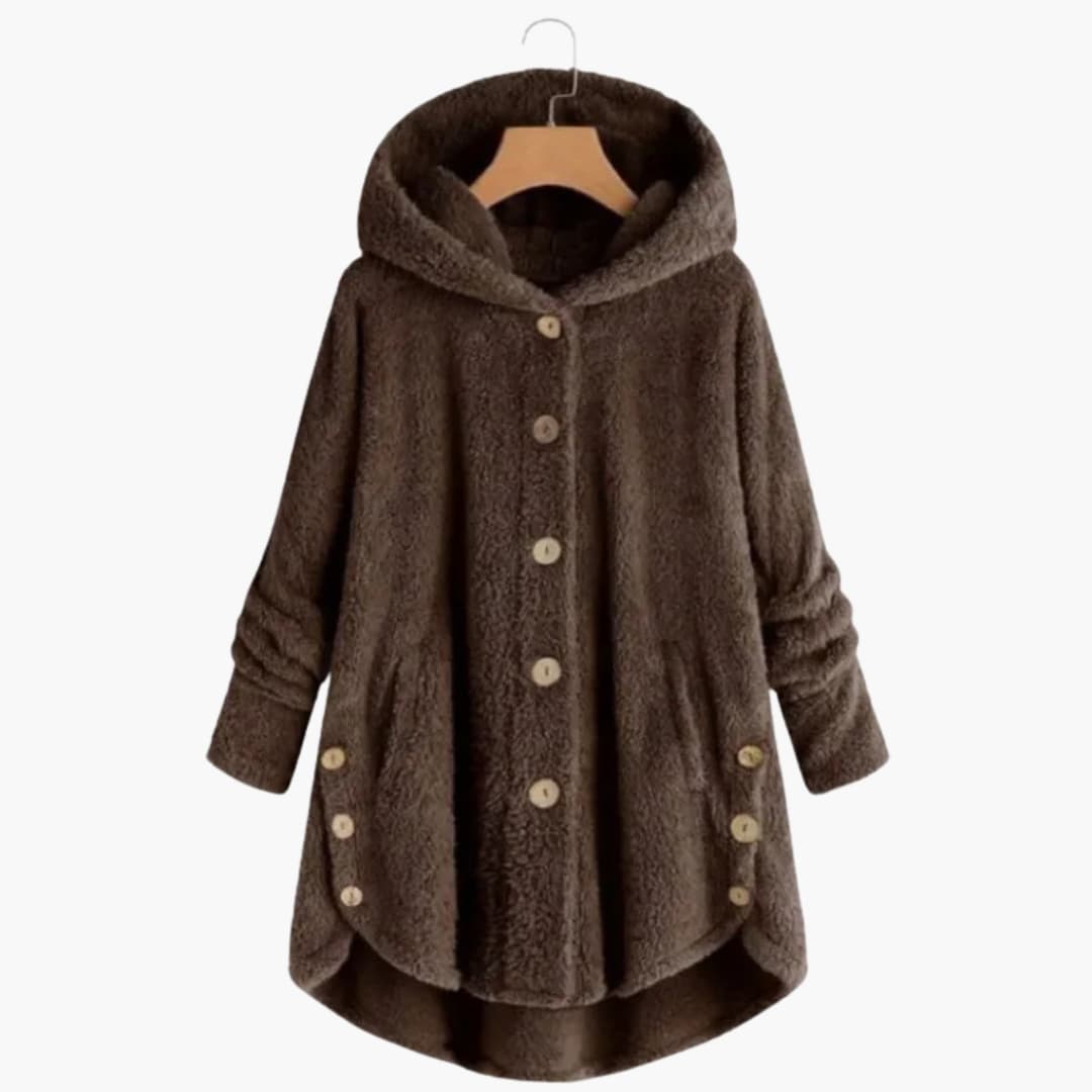 Women's hooded jacket button closure rounded hem everyday warmth casual versatile layer