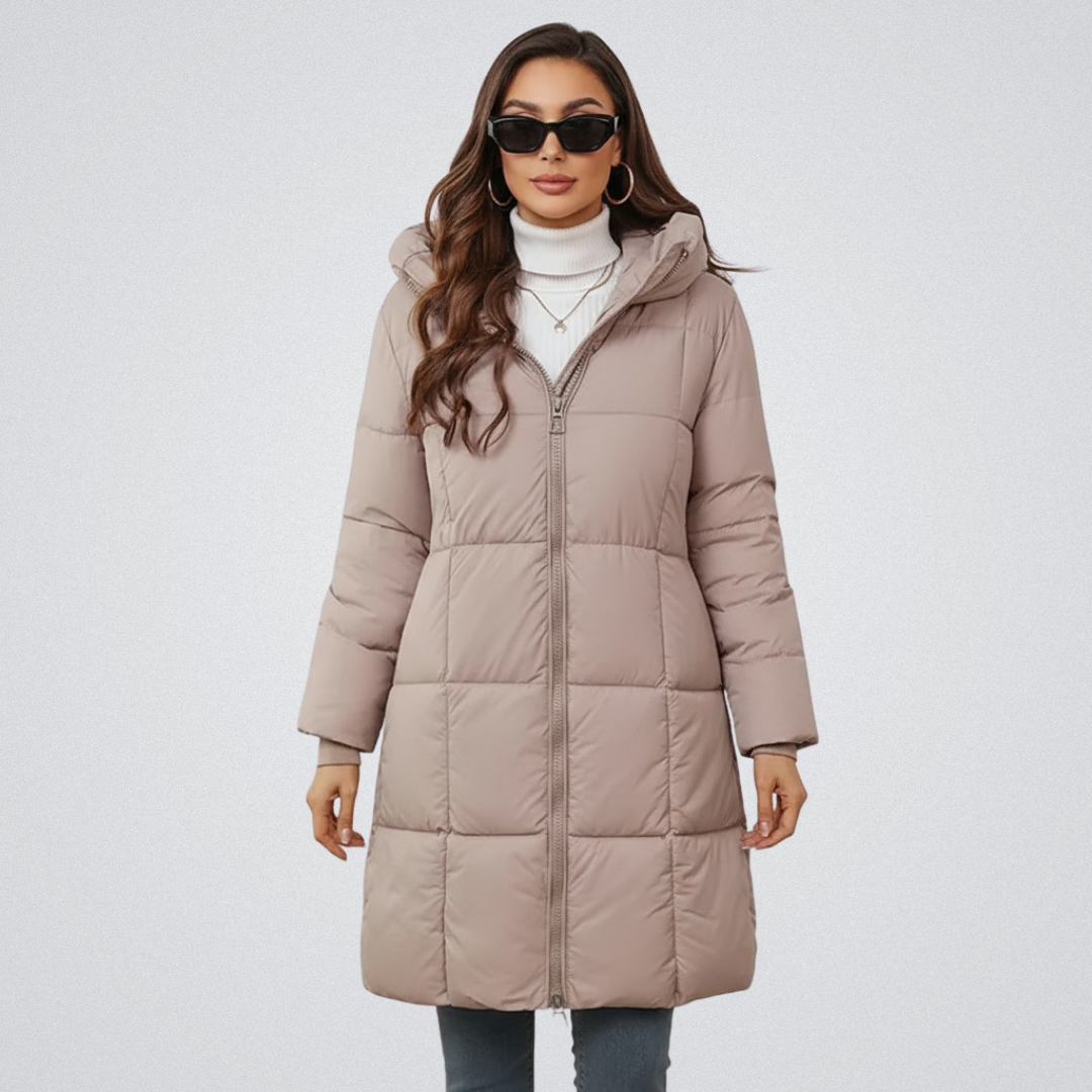 Women's black longline quilted puffer coat with attached hood, sleek non-bulky silhouette