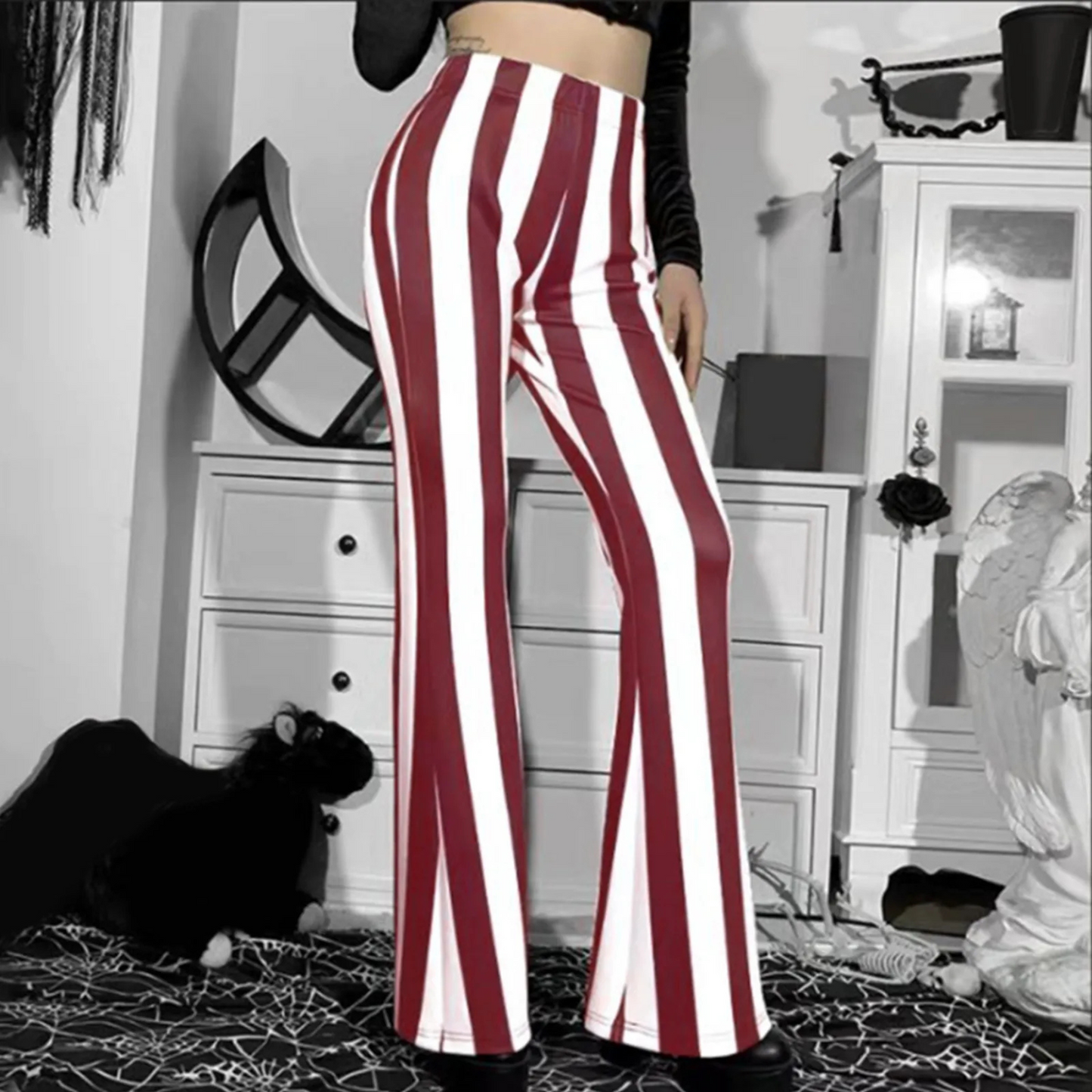 Women's high-waisted flared pants vertical stripes stretchy cotton blend leg-lengthening silhouette