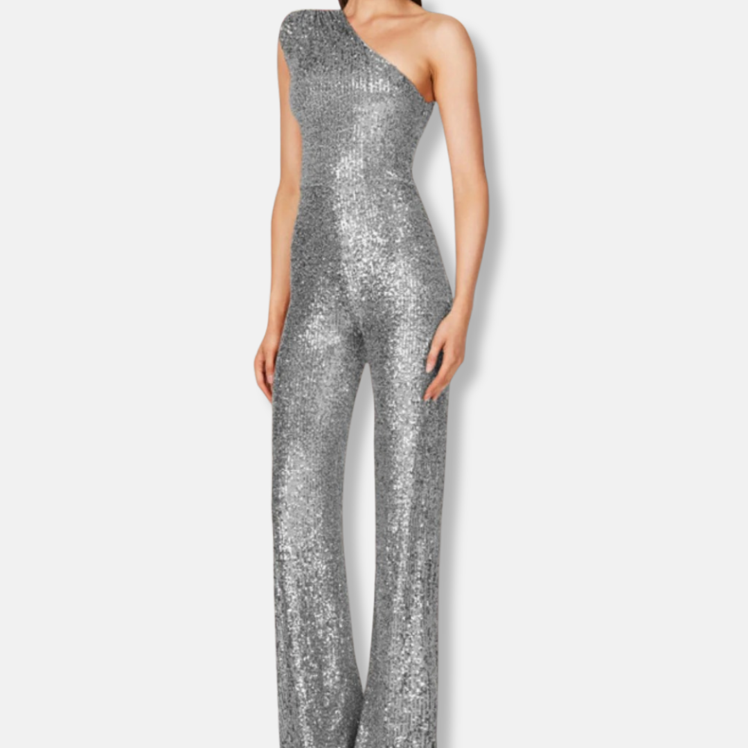 Women's silver sequined one-shoulder wide-leg jumpsuit sleeveless glamorous eveningwear flowing silhouette