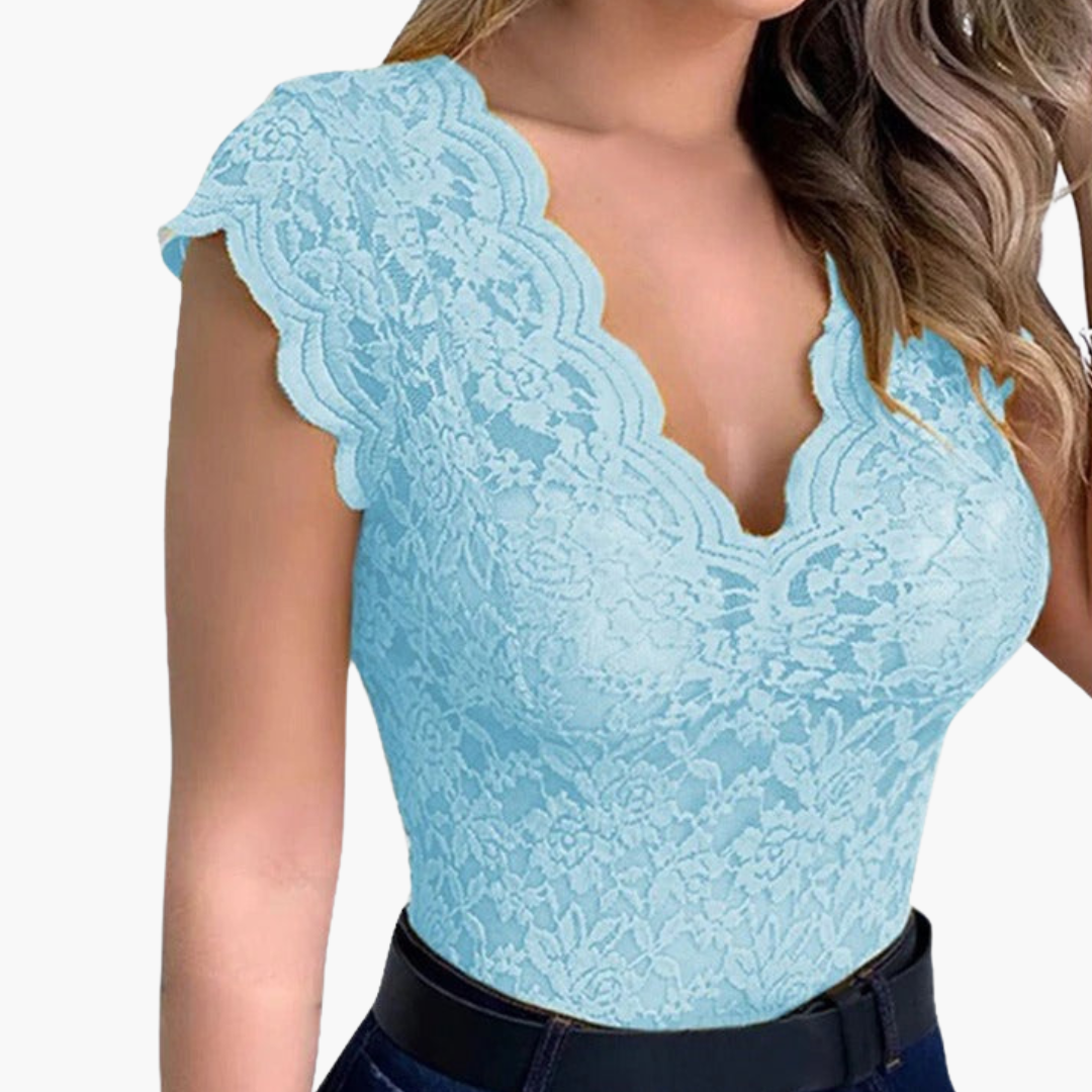 Women's black floral lace bodysuit with flattering V-neckline, delicate pattern, elegant everyday wear