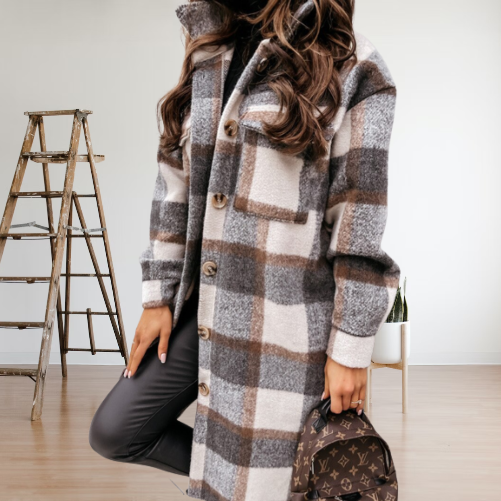 Women's long wool coat classic checked pattern button closure longline silhouette timeless warmth