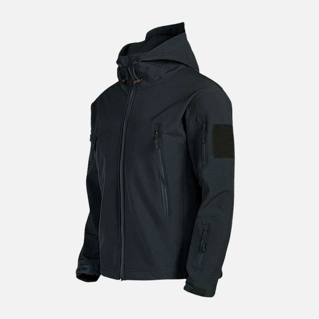 Men's dark stretch blend relaxed fit jacket with stand-up collar and adjustable hood for winter