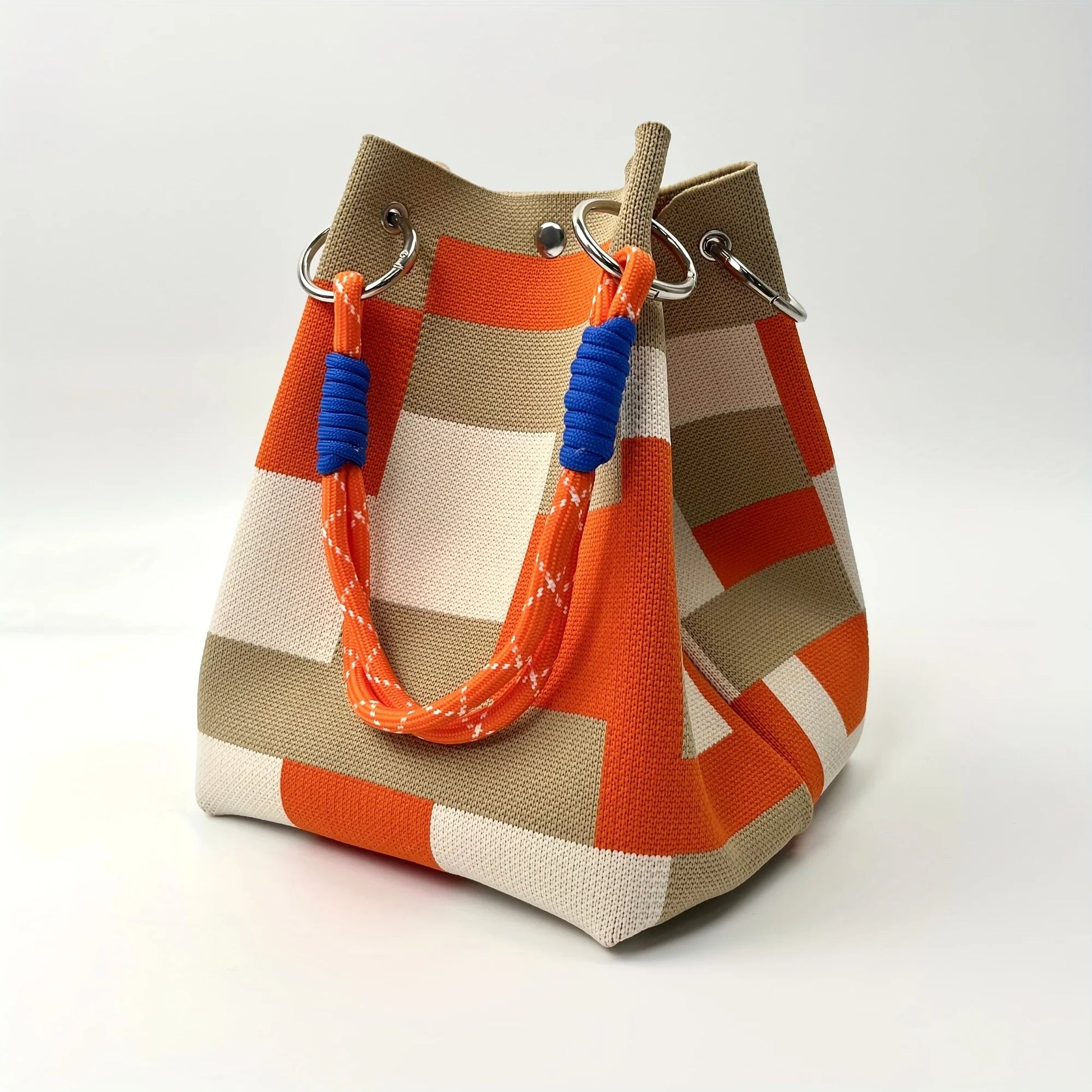 Moxie mini bucket bag durable canvas nylon blend striped patchwork padded rope handles magnetic closure