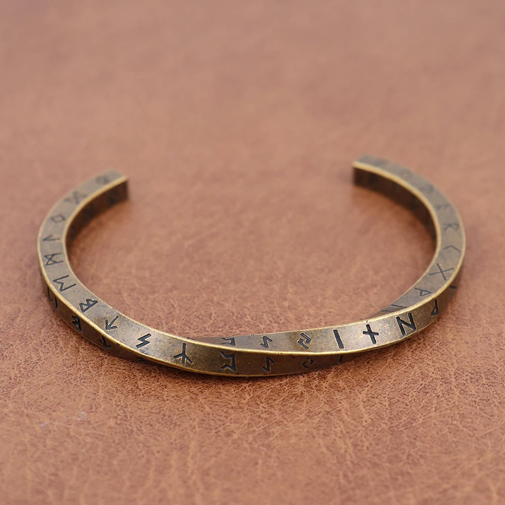 Men's heavy-duty stainless steel Viking cuff bracelet with Elder Futhark runic engraving, antique finish