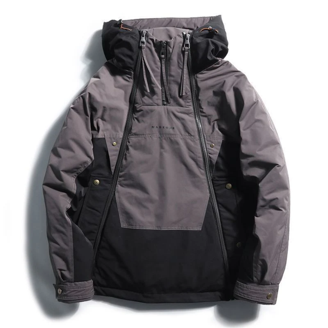 Men's navy hooded down jacket water-resistant hardshell slim fit for extreme cold outdoor adventures