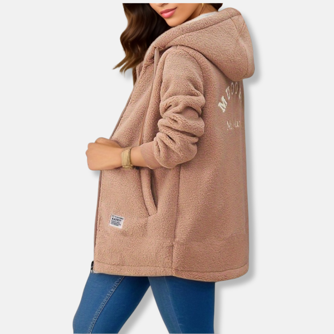 Women's oversized faux lambskin hooded coat mid-length plush zip-front jacket in neutral tone