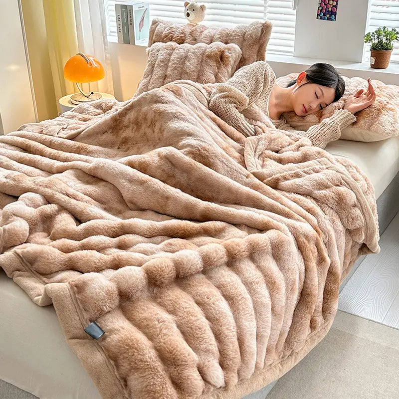 Modern faux fur throw blanket plush cloud-like texture cozy luxury home decor polyester fleece softness