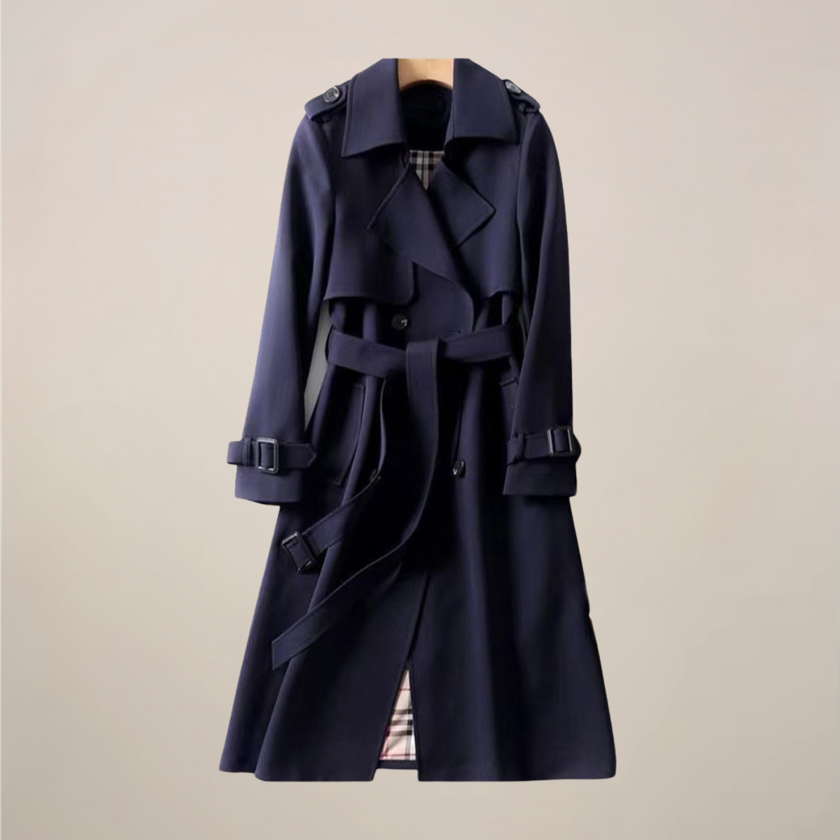 Women's beige belted trench coat double-breasted silhouette with structured lapels classic style
