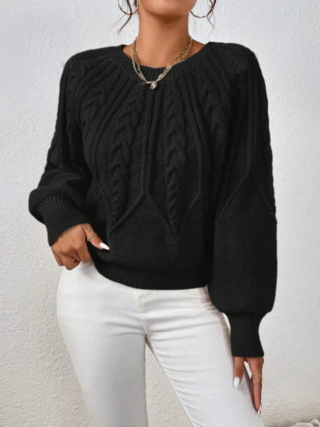 Women's cropped cable knit sweater with balloon sleeves, mid-weight soft knit elongating silhouette