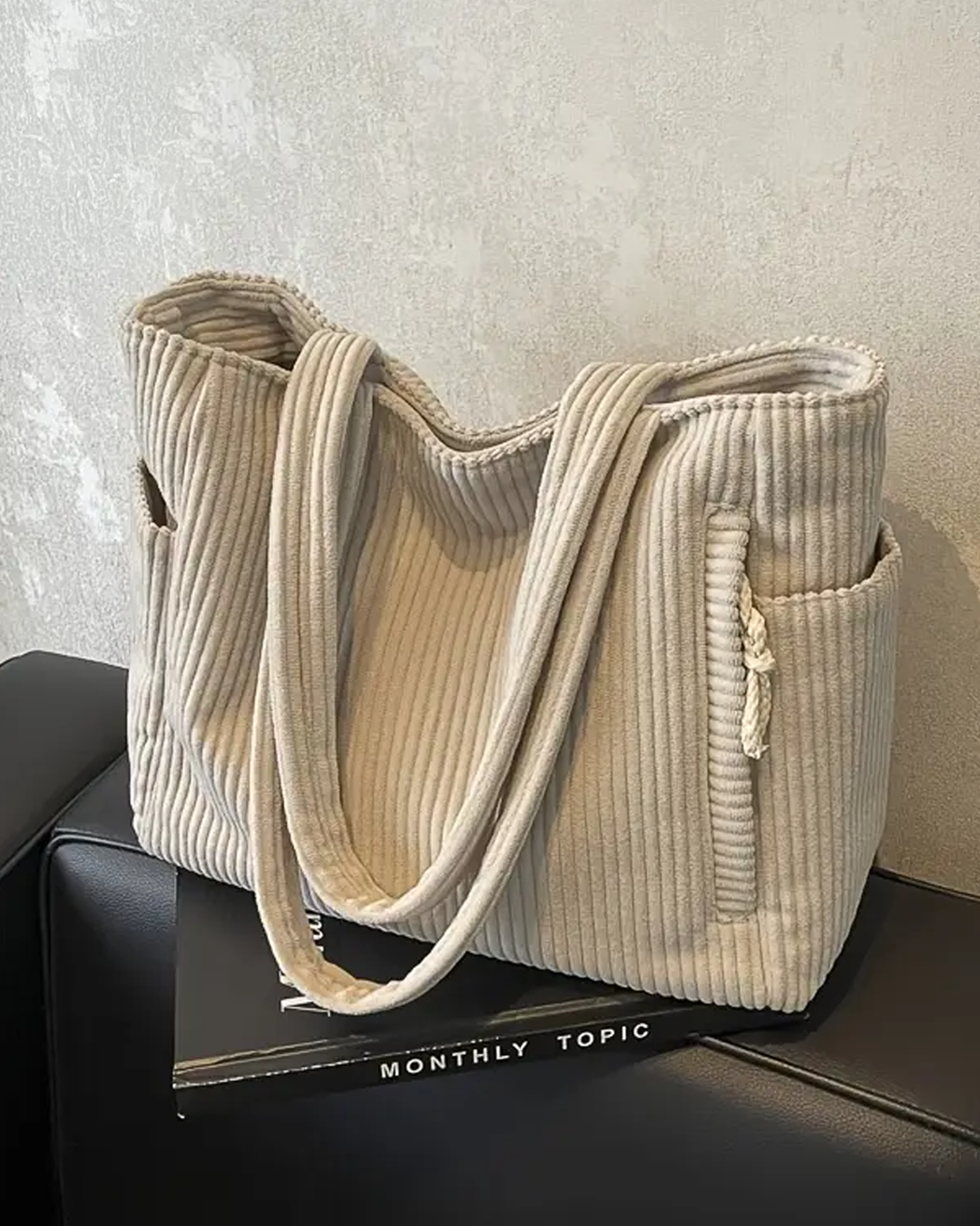 Aubrey corduroy tote bag for women, soft ribbed texture with spacious roomy interior and side pocket