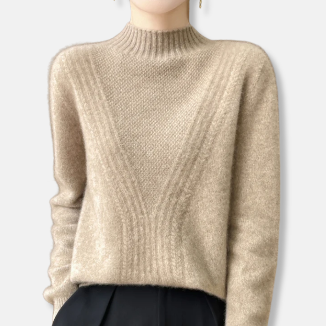 Women's relaxed fit ribbed knit pullover sweater with half-high collar, cozy everyday essential