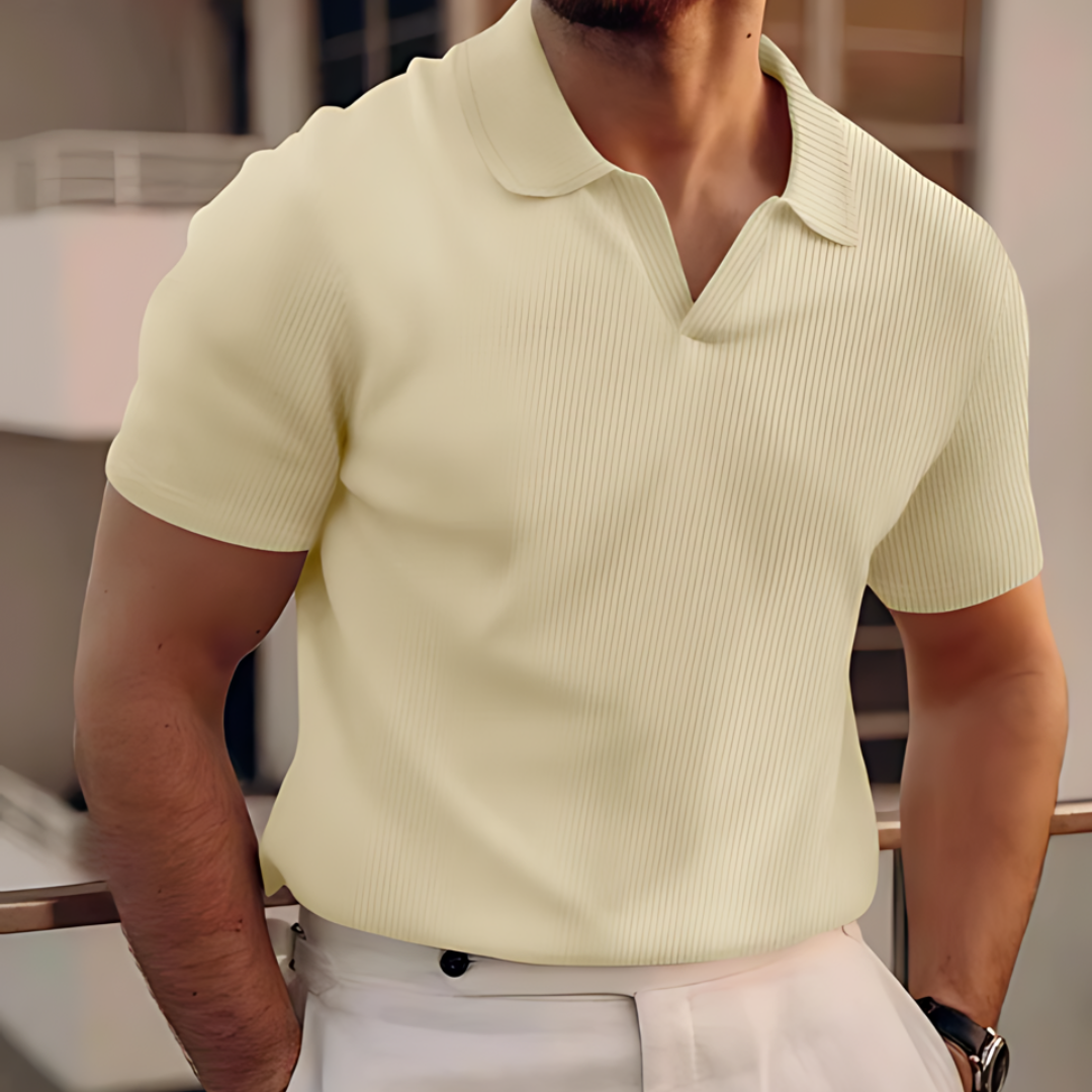Men's classic V-neck polo shirt lightweight breathable tailored cut for casual office summer wear