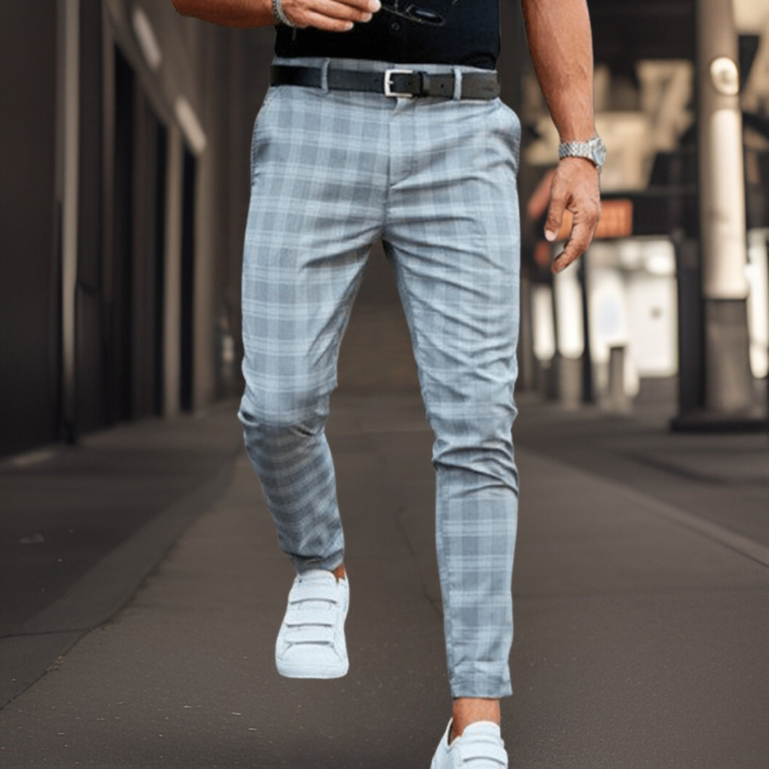 Men's slim fit checkered chinos breathable blend full-length Nordic flair pattern tailored silhouette