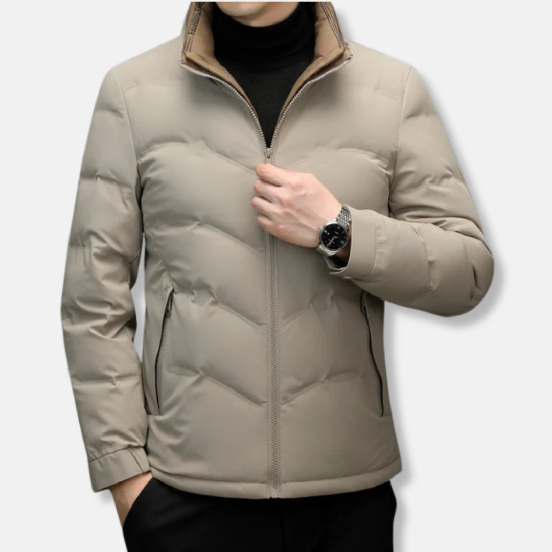 Men's black quilted chevron jacket with stand-up collar, zipper pockets, hip-length winter outerwear