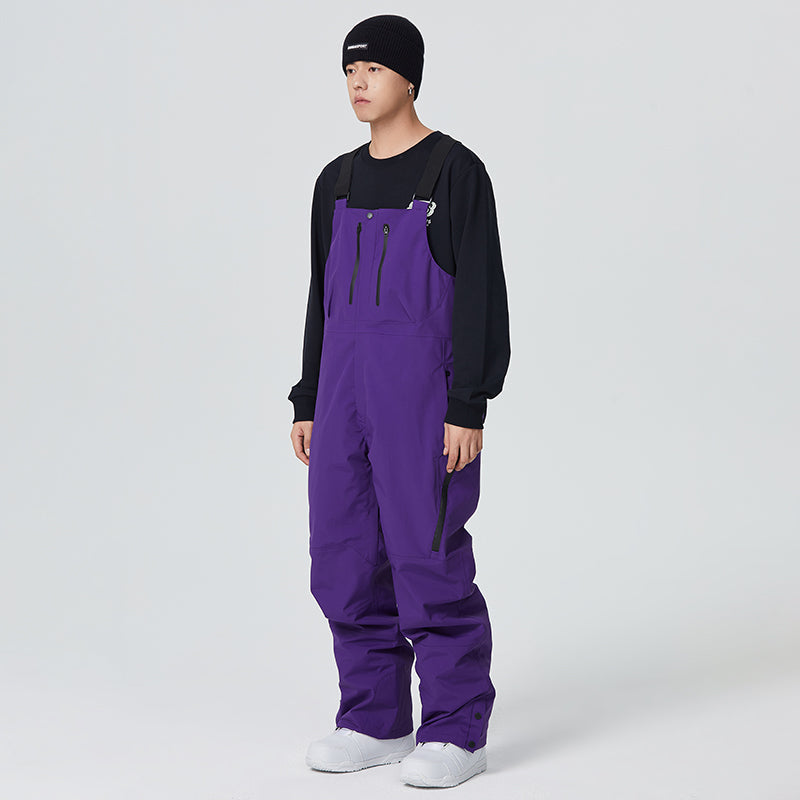 Men's black bib snow pants 10K waterproof breathable with adjustable suspenders and gaiters