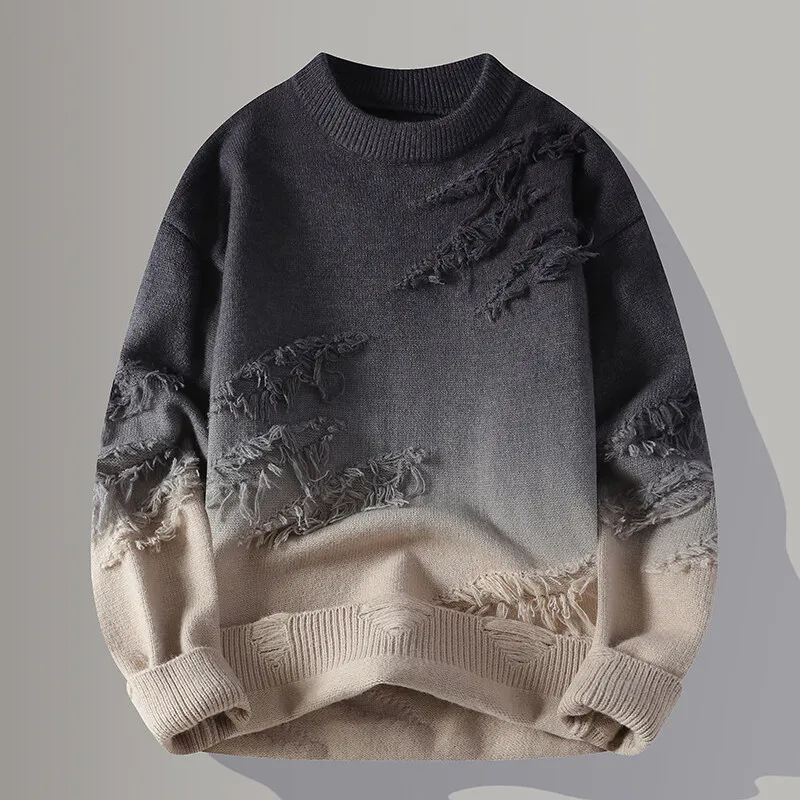 Men's gray ombre distressed pullover sweatshirt relaxed fit heavyweight knit raw frayed detailing