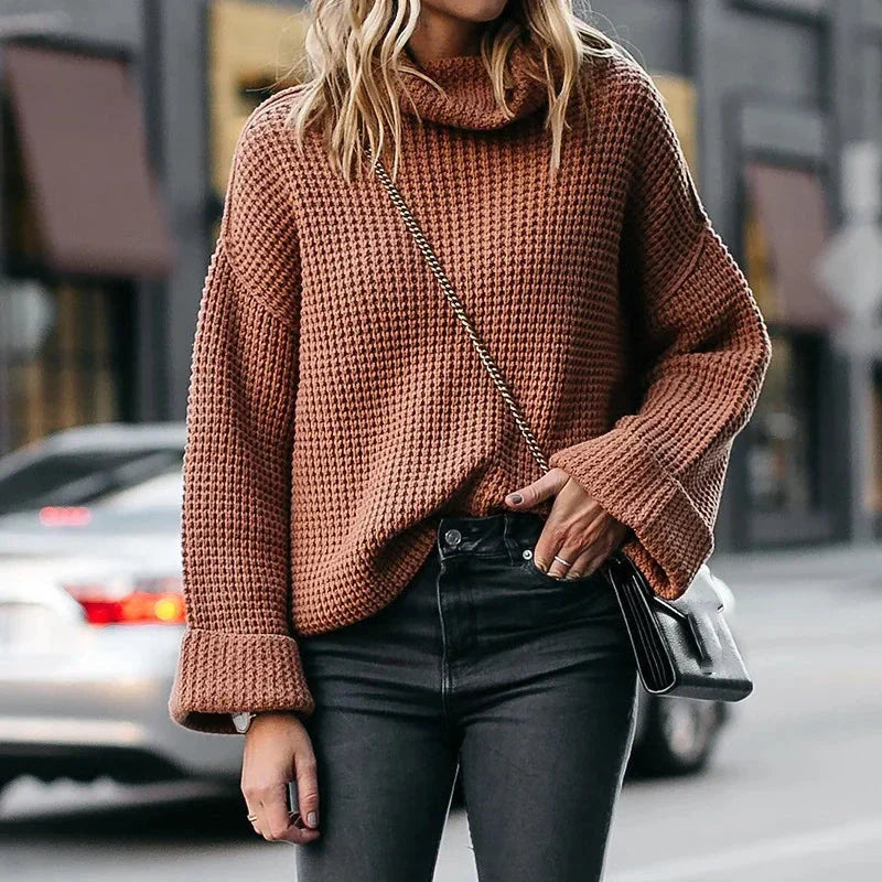 Women's beige waffle knit turtleneck sweater relaxed silhouette wide sleeves draped neckline