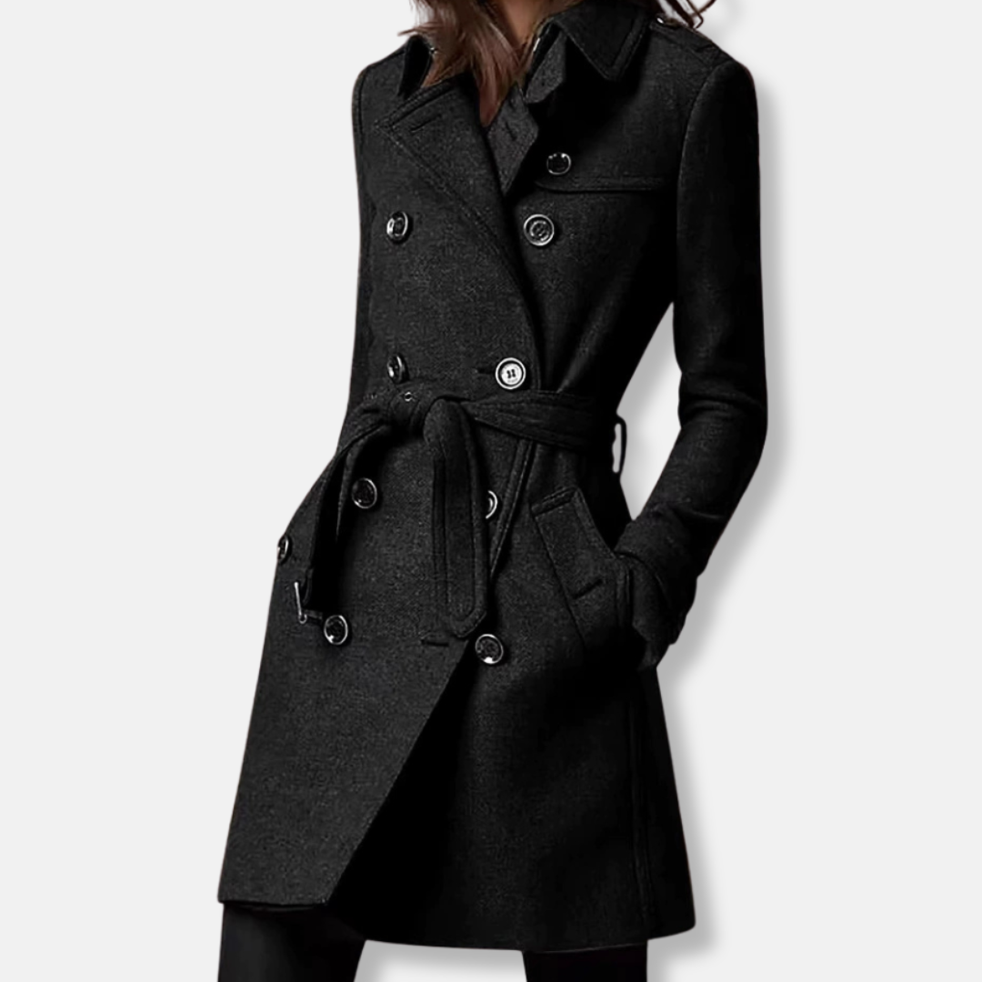 Women's slim fit wool blend belted double-breasted mid-thigh coat modern elegant silhouette