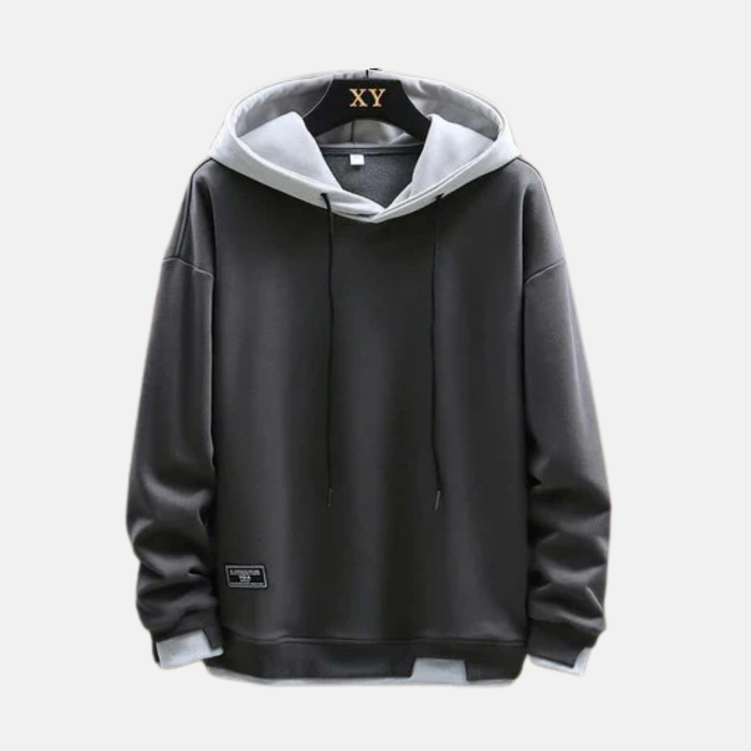 Men's oversized cotton-blend hoodie in neutral tone with dual-layer hood and ribbed trim