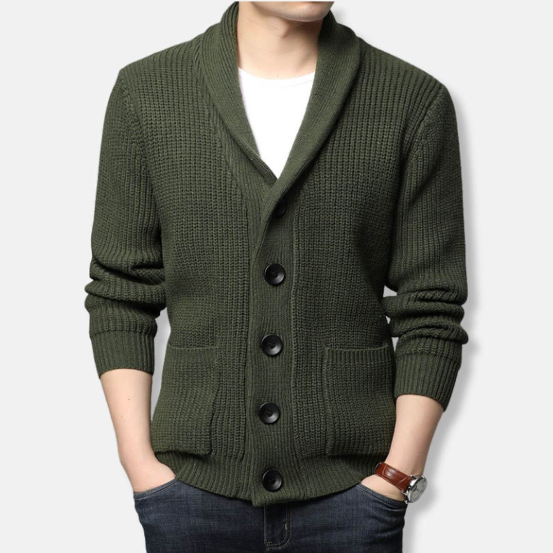 Men's ribbed knit cardigan sweater with shawl collar and patch pockets smart casual style