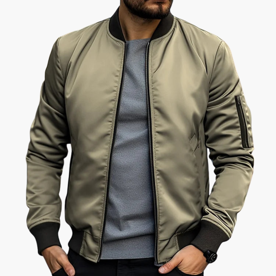 Men's slim fit black bomber jacket with ribbed texture and padded interior for everyday wear