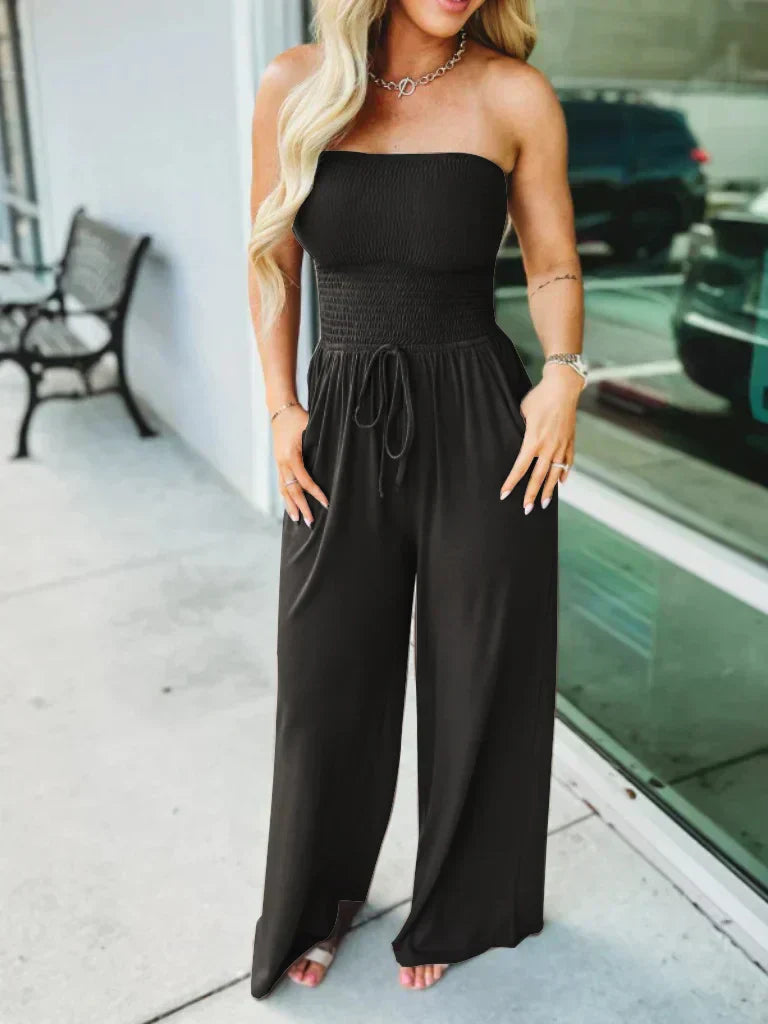 Women's light breathable wide-leg jumpsuit with smocked bodice and adjustable drawstring waist