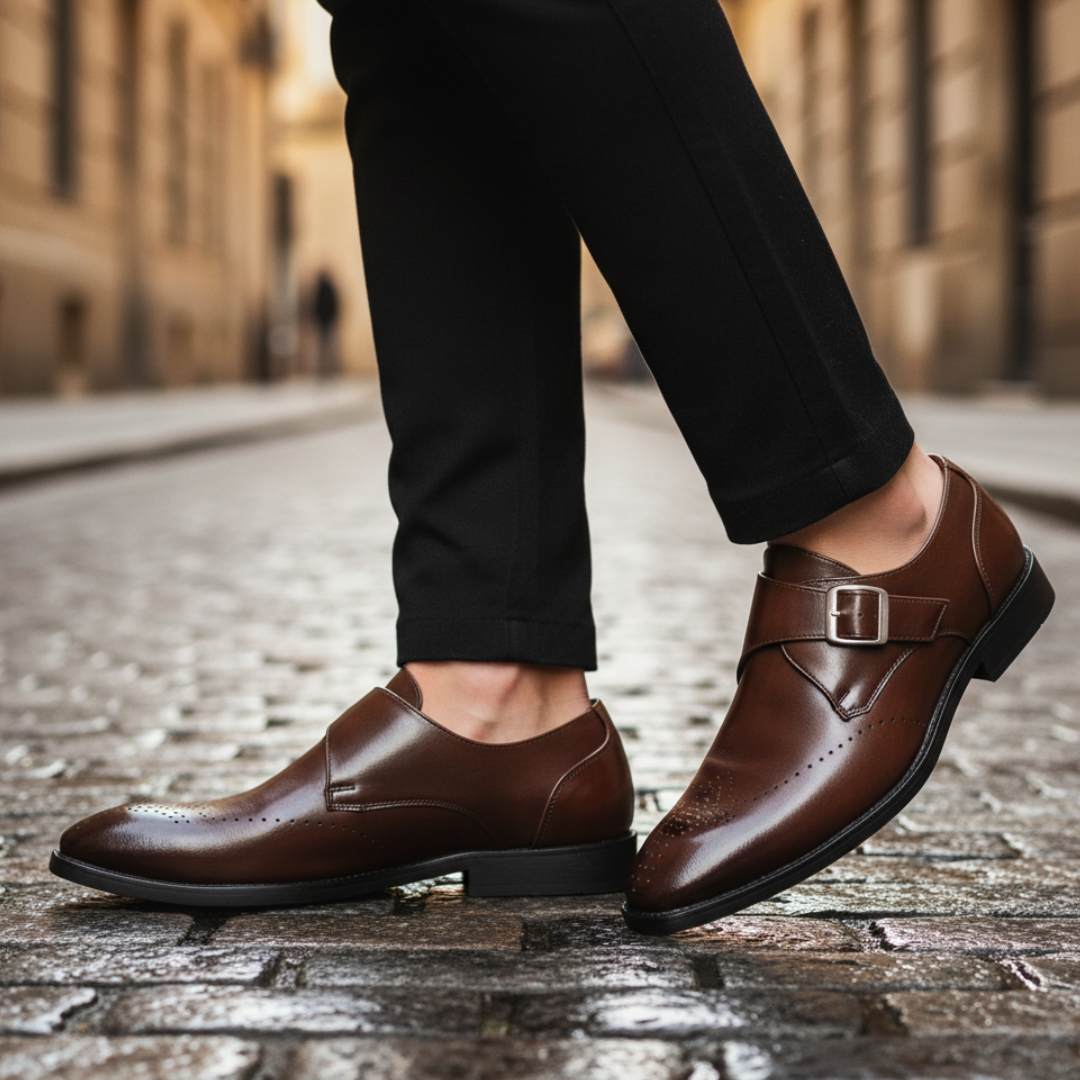 Men's brown premium leather single monk strap brogue dress shoes with glossy finish