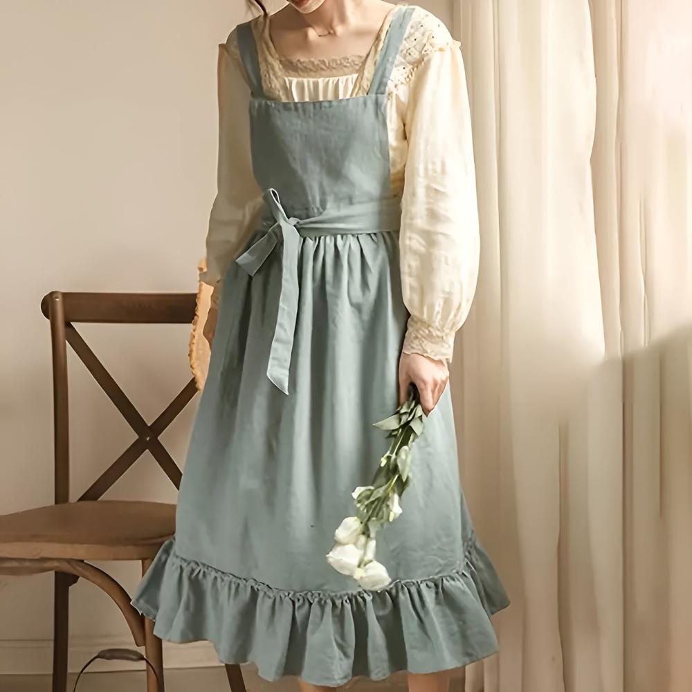 Rustic linen apron in natural beige, cross-back style with adjustable waist tie and ruffled detail
