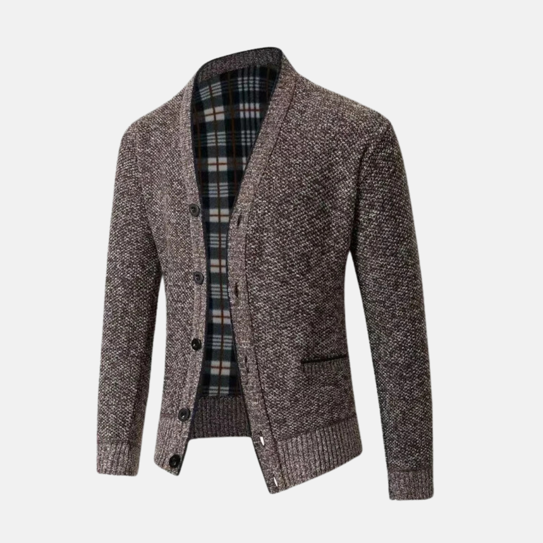 Men's slim-fit wool-blend knitted cardigan with V-neck, button front, and side pockets