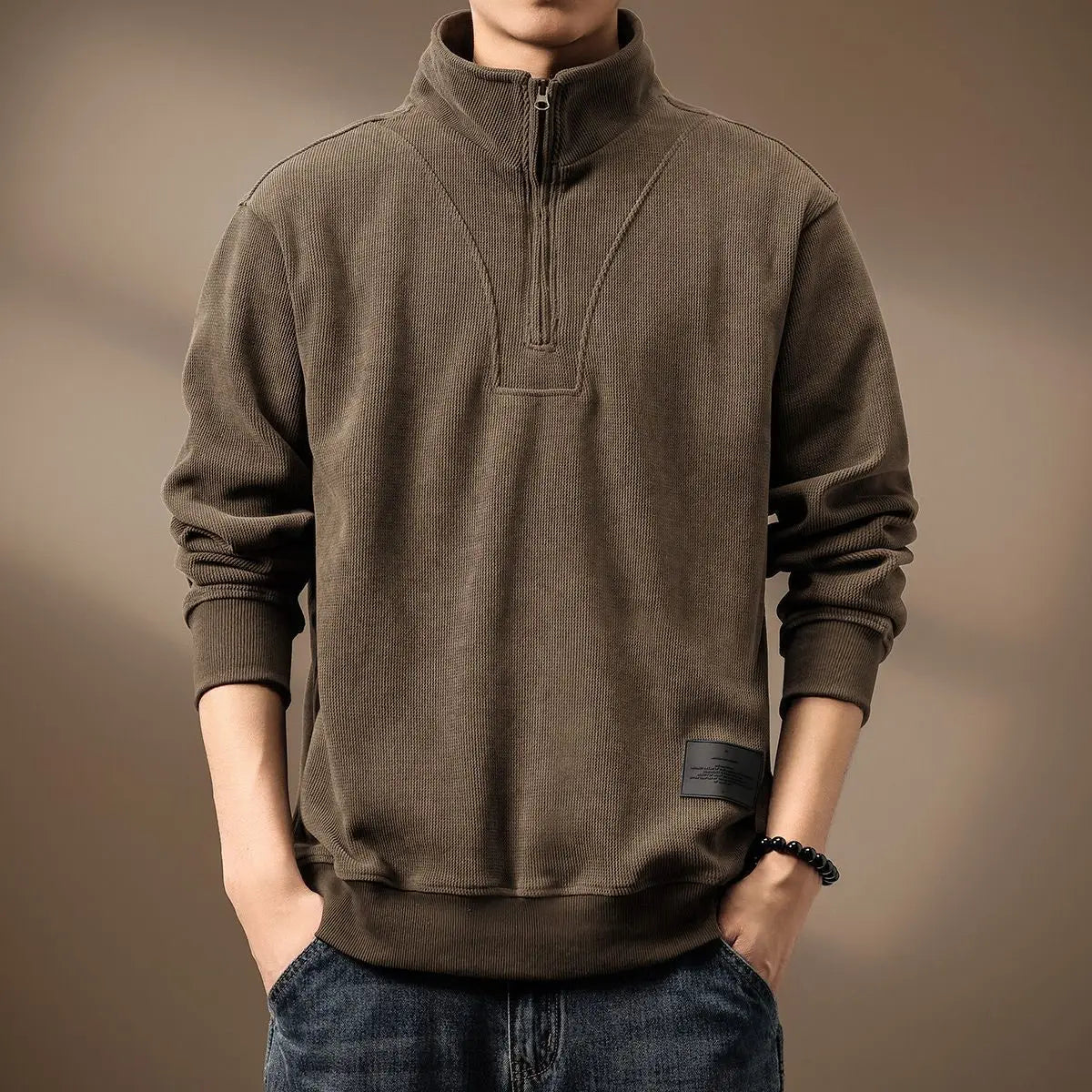 Men's heavyweight ribbed knit quarter-zip sweater structured silhouette versatile layering pullover