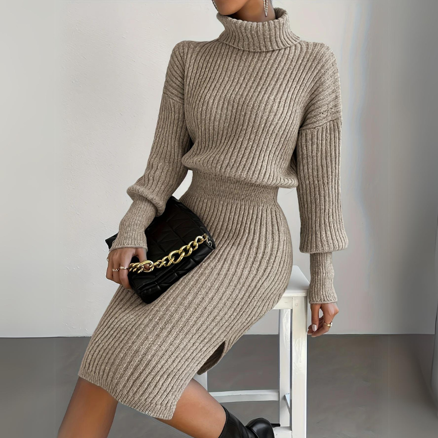 Women's cozy knit turtleneck dress in neutral tone, fold-down collar, slim silhouette everyday wear