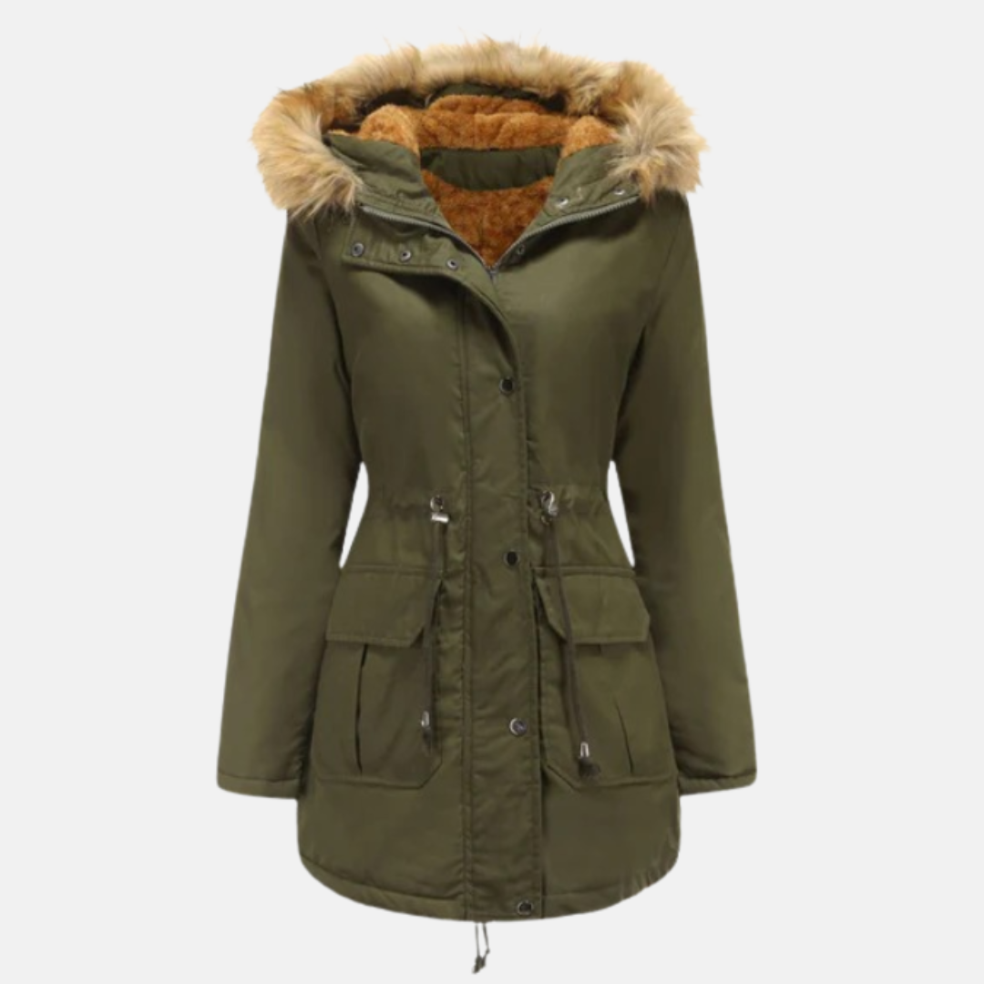 Women's mid-thigh parka jacket fleece-lined with detachable faux fur hood, PU leather exterior