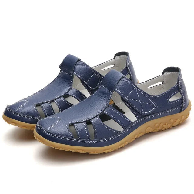 Women's beige leather casual sandals with velcro strap, cushioned EVA sole, sneaker-inspired summer style