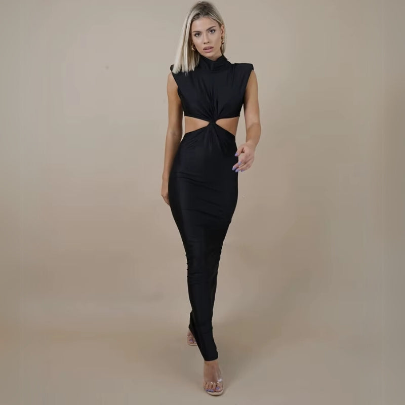 Olive green satin maxi dress sculpted silhouette precision cut formal gown modern women