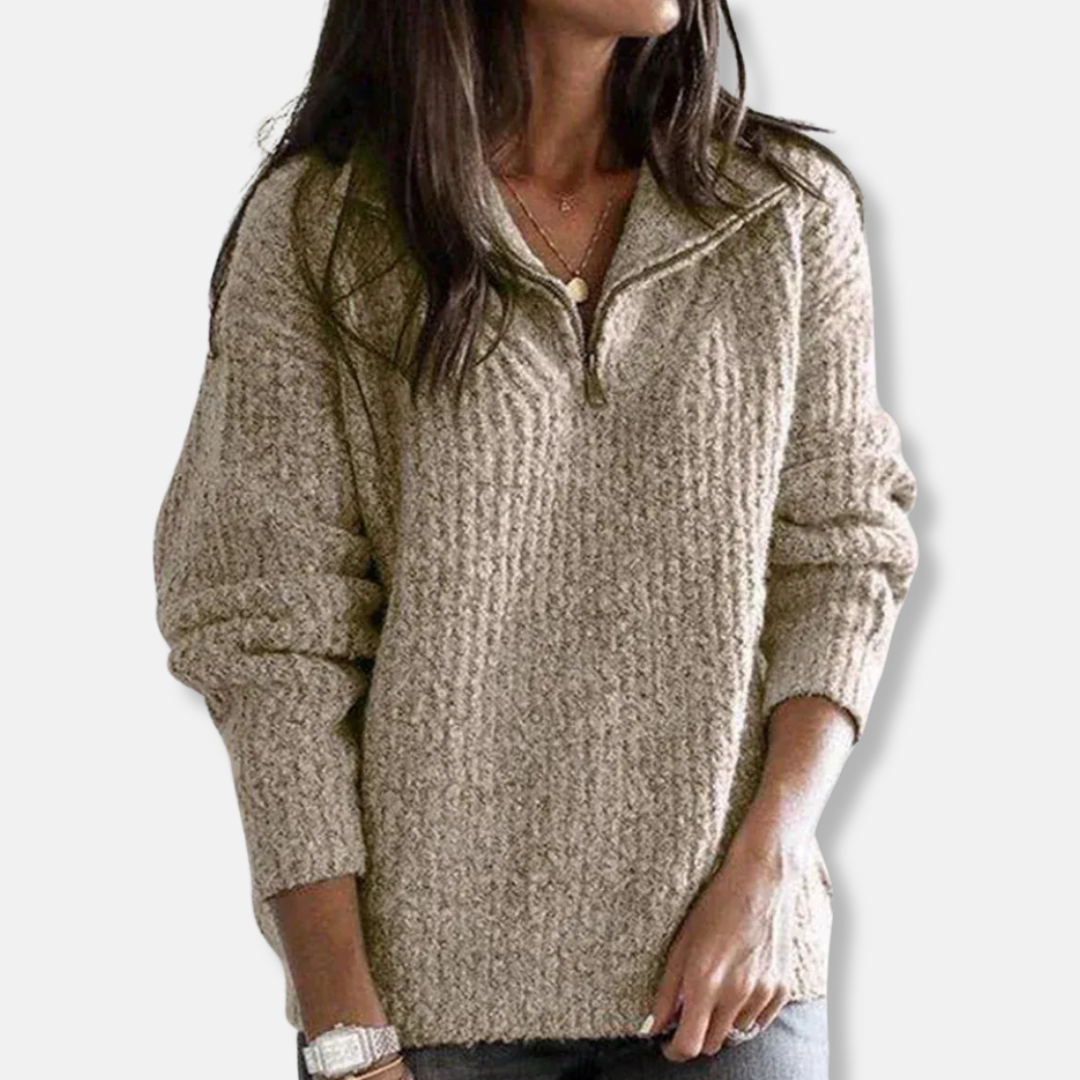 Women's chunky knit half-zip sweater relaxed fit soft wool blend cozy fall winter pullover