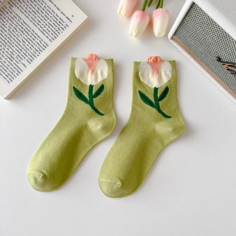 Women's mid-calf floral socks set 5 pairs premium cotton blend oversized painterly blooms multicolor