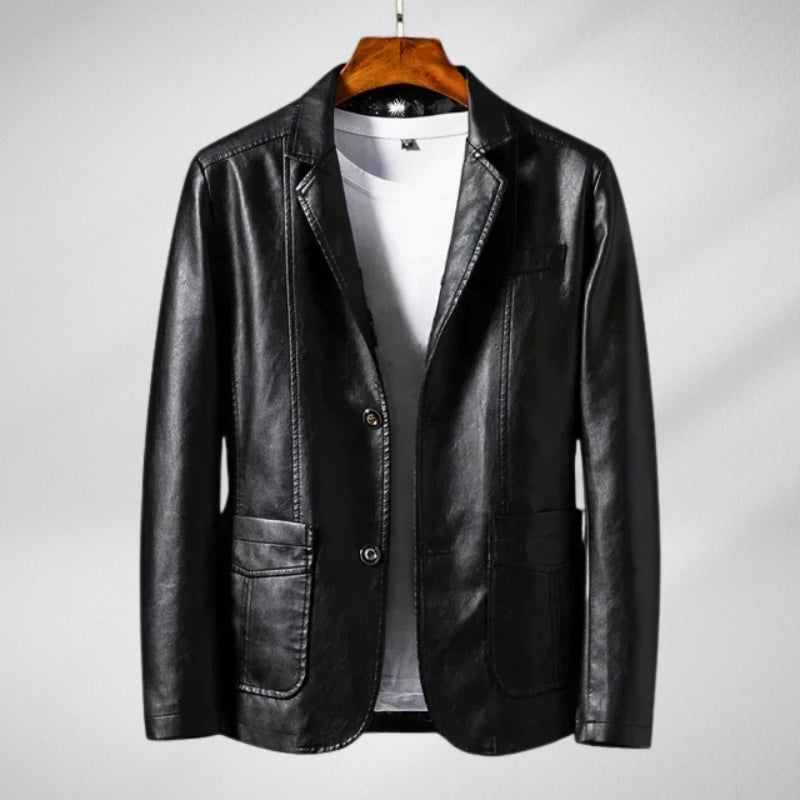 Men's slim tailored black leather jacket with premium finish and classic two-pocket design