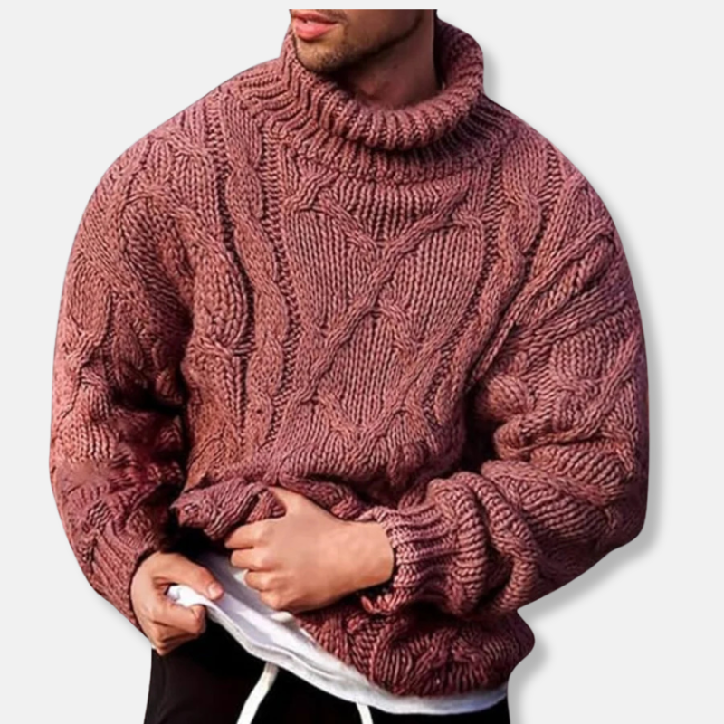 Men's thick cable knit turtleneck sweater relaxed fit, warm cozy premium style for cold days