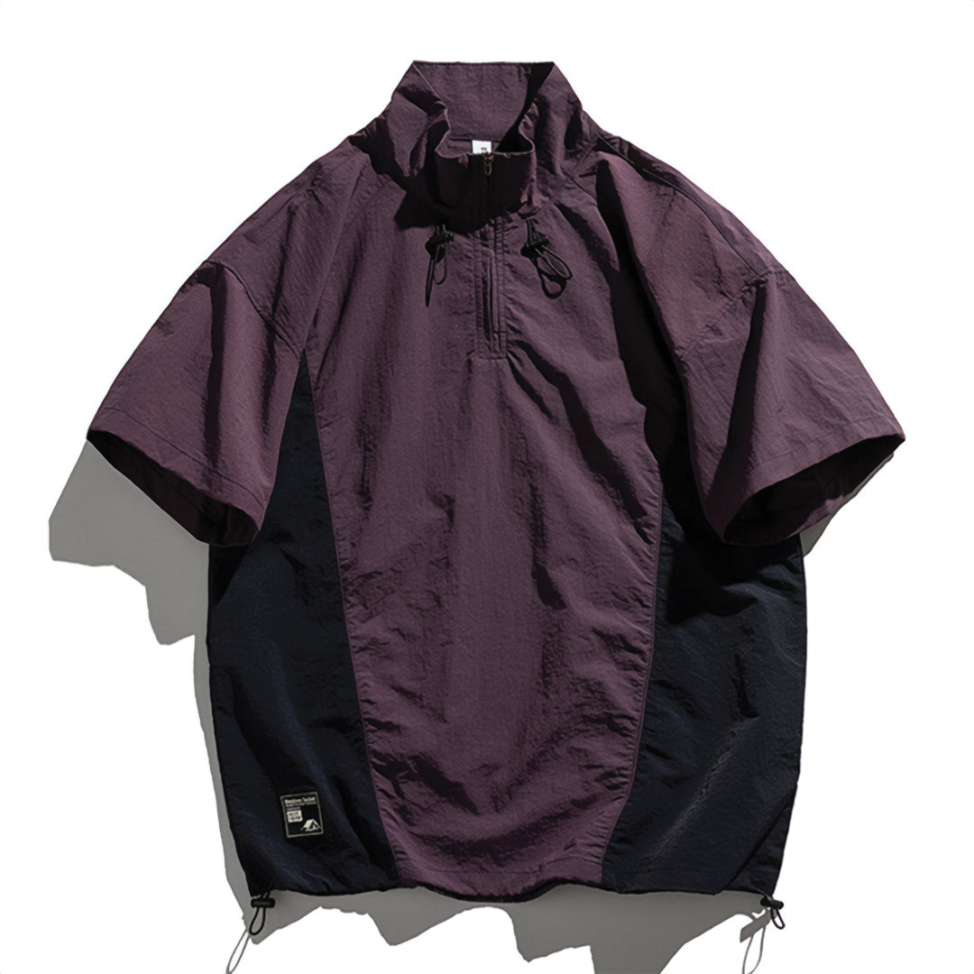 Unisex oversized quick-dry color block shirt with bold dual-tone panels and drawstring hem