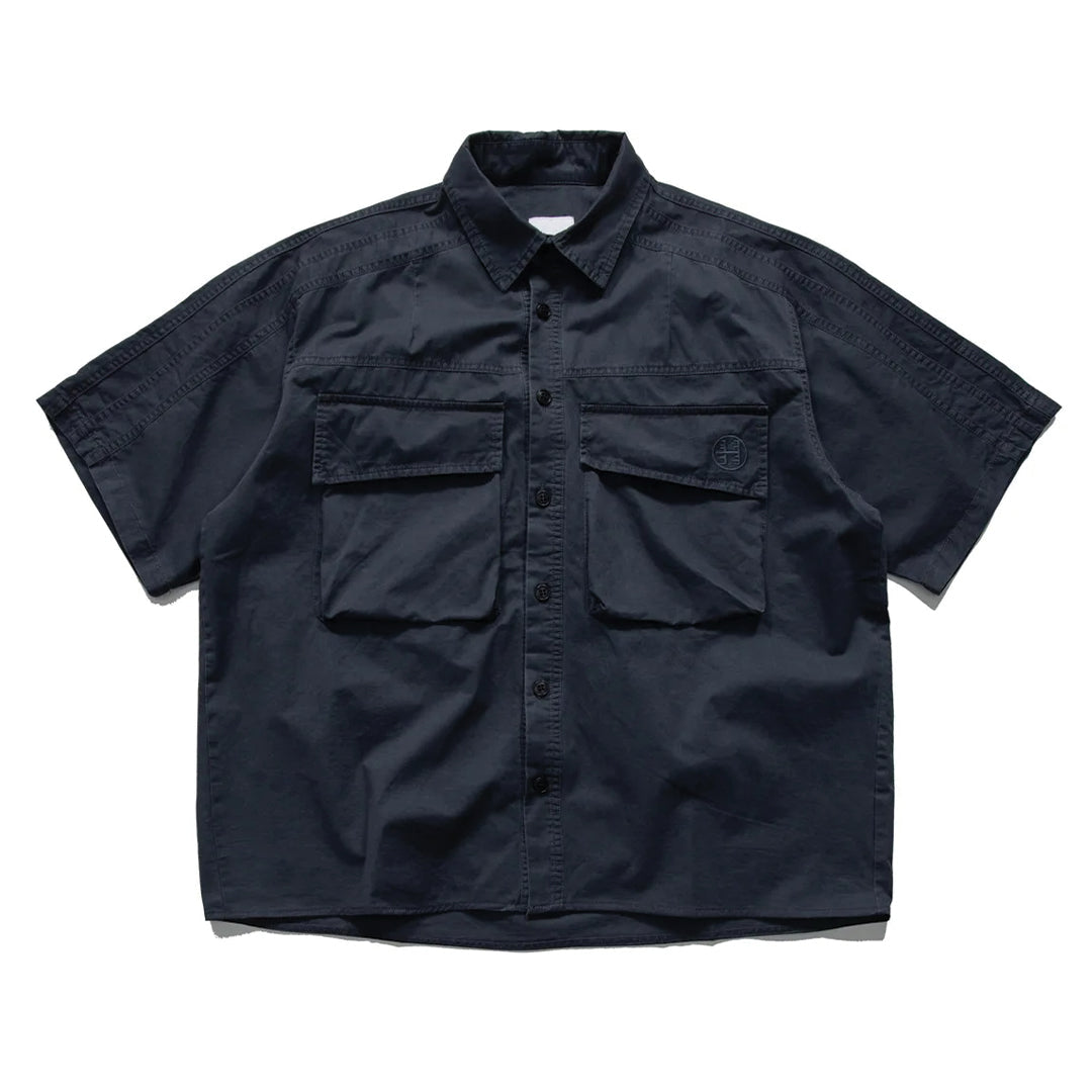 Beige cotton cargo shirt relaxed fit workwear style with dual chest pockets and turn-down collar