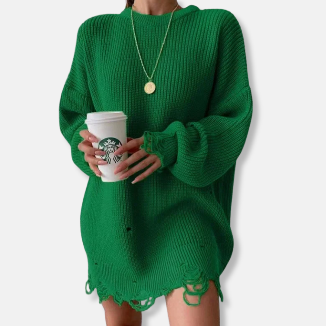 Women's ribbed knit mini dress balloon sleeves distressed hem oversized casual chic style