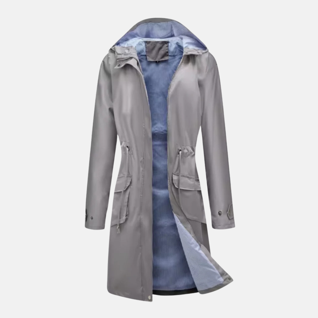Women's water resistant long hooded jacket adjustable waist zip front flap pockets modern fit